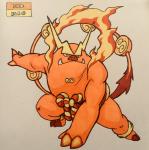 2018 2_toes 3_fingers :< accessory alternate_color anklet anthro asian_clothing biped brown_hooves brown_nose brown_tail chest_markings clothing cloven_hooves crouching east_asian_clothing emboar english_text eyebrows fakemon feet fighting_pose fingers fire firefightdex front_view frown full-length_portrait furgonomics generation_5_pokemon hi_res hooved_fingers hooves japanese_clothing jewelry long_tail male mammal marco_fanjul marker_(artwork) markings mixed_media mostly_nude multicolored_tail musclegut muscular muscular_anthro muscular_male nintendo obi orange_body orange_hooves orange_tail orange_theme overweight overweight_anthro overweight_male pen_(artwork) pig_nose pokemon pokemon_(species) portrait pose raised_arm red_eyes shadow simple_background solo spread_legs spreading standing suina tail tail_accessory tail_clothing tail_tuft text thick_eyebrows toes toony traditional_media_(artwork) tuft tusks unibrow warm_colors white_background wide_stance yellow_markings yellow_tail