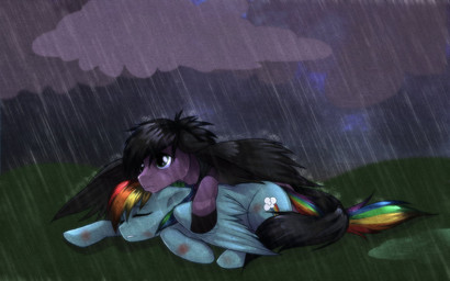 black_hair blood blue_body blue_eyes blue_feathers blue_fur bodily_fluids detailed_background duo feathered_wings feathers female feral fur hair multicolored_hair outside protective quadruped rainbow_hair raining sheltering tail toony wings wounded rizcifra friendship_is_magic hasbro my_little_pony mythology rainbow_dash_(mlp) skywind equid equine mammal mythological_creature mythological_equine pegasus 16:10 source_request unavailable_at_source wallpaper widescreen