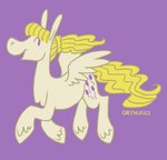 2023 artist_name bangs blonde_mane cutie_mark digital_drawing_(artwork) digital_media_(artwork) equid equine feathered_wings feathering feathers female female_feral feral flat_colors fur greengrizz hair hasbro hi_res hooves long_mane looking_back mammal mane mlp_g1 my_little_pony mythological_creature mythological_equine mythology open_mouth open_smile pegasus ponytail pre-g4 purple_background purple_eyes quadruped side_view simple_background smile solo surprise_(pre-g4) tail text unguligrade wavy_tail white_body white_fur white_hooves white_wings wings yellow_tail