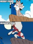 2_panel_comic ambiguous_gender blue_eyes blue_sky brown_body brown_fur claws cliff clothing cloud day duo falling fingerless_gloves fur gloves handwear humor moon night red_body red_fur sky text throwing throwing_character white_body white_clouds white_fur winick-lim deviantart facebook furaffinity inkbunny nintendo pokemon generation_7_pokemon human lycanroc mammal midday_lycanroc midnight_lycanroc pokemon_(species) 2016 3:4 english_text signature