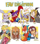 anthro armor blonde_hair blue_body brown_hair eye_patch eyewear female goggles green_eyes group hair horn male red_hair scarf text nuitt bandai_namco digimon davis_motomiya digimon_(species) dynasmon flamedramon flamemon gazimon human humanoid impmon_x lucemon mammal minervamon english_text hi_res