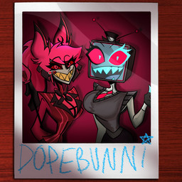 accessory animal_ears big_breasts black_hair black_highlights blue_eyes bob_cut breast_size_difference breasts business_suit clothing crossgender curvy_figure duo electronics eyelashes eyeshadow eyewear female for_a_head hair highlights_(coloring) hourglass_figure long_hair looking_at_viewer magenta_hair makeup monocle mtf_crossgender multicolored_hair necktie open_mouth open_smile photo ponytail red_eyes red_eyeshadow red_sclera screen screen_face sharp_teeth sign small_waist smile suit tan_body tan_skin teeth television text tv_antenna two_tone_hair voluptuous voluptuous_female voluptuous_humanoid zoot_suit dopeybunni hazbin_hotel hellaverse alastor_(hazbin_hotel) vox_(hazbin_hotel) animal_humanoid deer demon demon_humanoid humanoid mammal object_head screen_head tv_head 2026 artist_name digital_drawing_(artwork) digital_media_(artwork) hi_res