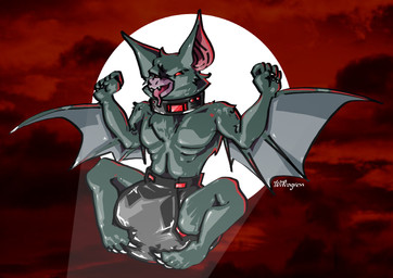 5_fingers anthro black_body black_diaper bodily_fluids claws clothed clothing collar diaper drooling fangs finger_claws fingers latex male open_mouth open_smile saliva smile solo teeth text toe_claws tongue tongue_out wearing_diaper winged_arms wings wiprogress dispatch sonar_(dispatch) bat mammal werebat werecreature artist_name hi_res