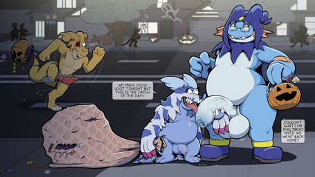 1_eye 2_horns ambiguous_gender angry animal_genitalia animal_penis animal_skin anthro bag balls big_penis blue_body blue_fur blue_skin bodily_fluids bone building candy clothing costume countershade_balls countershade_genitalia countershade_penis countershade_torso countershading dessert dialogue dripping erection eye_scar eyewear facial_scar fangs feet flaccid food footwear foreskin fruit fur genital_fluids genitals ghost_costume glans glasses group grumpy halloween_costume halloween_decoration halloween_party holidays horn house humanoid_genitalia humanoid_penis jack-o'-lantern knot larger_male licking looking_at_another male male/male multicolored_body multicolored_fur muscular muscular_anthro muscular_male nude oral penile penis penis_lick pink_glans plant precum precum_drip pumpkin road running scar seductive sex shadow shoes size_difference skeleton slightly_chubby smaller_male speech_bubble spiked_tail spikes spikes_(anatomy) spiral_horn standing striped_body striped_fur stripes surprised tail teeth text thick_penis toes tongue tree two_tone_body two_tone_fur unretracted_foreskin vein veiny_penis wearing_glasses white_body white_fur white_skin yellow_body yellow_horn yellow_skin chikiota atlus bandai_namco digimon halloween megami_tensei nintendo pokemon sega garabumon leroy_mirage digimon_(species) gabumon generation_1_pokemon generation_3_pokemon pokemon_(species) scalie swampert wartortle 16:9 4k absurd_res english_text hi_res widescreen