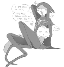 :3 ambiguous_feral ambiguous_gender blush blush_stickers chest_eye dialogue duo eyelashes eyes_closed femboy feral flower hair insect_legs long_hair male male_humanoid open_mouth open_smile plant simple_background sitting smile speech_bubble text white_background jejejunum pest_(jejejunum) animal_humanoid arthropod arthropod_humanoid humanoid insect insect_humanoid nethermare proto-nethermare english_text full-length_portrait greyscale monochrome portrait