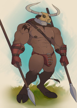 abs anthro armpit_hair barely_contained barely_contained_penis biceps big_bulge big_penis body_hair bulge chest_hair clothing cloven_hooves foreskin furgonomics genitals grass holding_object holding_weapon hooves horn male mask melee_weapon mostly_nude_male muscular muscular_anthro muscular_male navel nipple_piercing nipples pecs penis piercing plant polearm solo spear standing tattoo thong underwear unguligrade unretracted_foreskin vein veiny_penis weapon andrefil360 european_mythology greek_mythology mythology bovid bovine mammal minotaur 2022 absurd_res hi_res