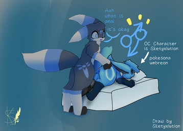 anal anthro ass_up bed big_penis blue_penis dialogue duo feral furniture genitals inside male male/male penis text sketylution nintendo pokemon fan_character salvador_(gabu_art) sketyxswanley_(character) eeveelution generation_2_pokemon pokemon_(species) umbreon digital_media_(artwork) english_text hi_res