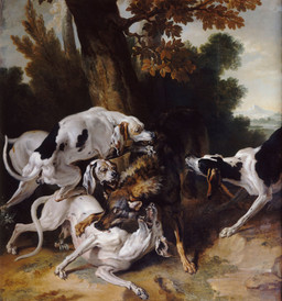 ambiguous_feral ambiguous_gender backsack balls bite biting_another detailed_background digitigrade fangs feral fight floppy_ears folded_ears fur genitals group hunting jumping lying male male_feral mottled on_side outside paws plant quadruped river standing tail teeth tree jean-baptiste_oudry public_domain canid canine canis domestic_dog mammal wolf 1725 18th_century absurd_res ancient_art dated hi_res oil_painting_(artwork) painting_(artwork) signature traditional_media_(artwork) traditional_painting_(artwork)