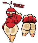 anthro beak big_butt breasts butt female front_view hand_on_hip looking_at_viewer open_mouth rear_view red_body simple_background solo standing text thick_thighs white_background lewdewott twerkey avian bird galliform phasianid turkey 2023 digital_drawing_(artwork) digital_media_(artwork) english_text hi_res