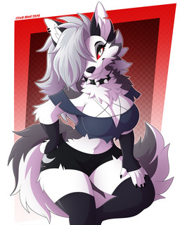 5_fingers anthro big_breasts big_ears biped black_bottomwear black_claws black_clothing black_collar black_ears black_eyebrows black_eyeshadow black_gloves black_handwear black_legwear black_nose black_shorts black_thigh_highs blue_clothing blue_shirt blue_topwear bottomwear breasts cheek_tuft claws closed_smile clothed clothed_anthro clothed_female clothing collar eyebrows eyelashes eyeshadow facial_tuft female female_anthro finger_claws fingerless_gloves fingers fluffy fluffy_tail fully_clothed fully_clothed_anthro fully_clothed_female fur gloves grey_body grey_fur grey_hair grey_tail hair hair_over_eye hand_on_hip hand_on_leg hand_on_own_hip hand_on_own_leg hand_on_own_thigh hand_on_thigh handwear inner_ear_fluff legwear looking_at_viewer makeup midriff mouth_closed multicolored_body multicolored_fur multicolored_tail navel neck_tuft off_shoulder print_bottomwear print_clothing print_shorts pupils red_sclera shirt shorts slit_pupils smile smiling_at_viewer solo spiked_collar spikes tail text thigh_highs topwear torn_bottomwear torn_clothing torn_shorts tuft two_tone_body two_tone_fur white_body white_eyes white_fur white_inner_ear_fluff white_tail leo-wolf hellaverse helluva_boss mythology loona_(helluva_boss) canid canid_demon canine demon hellhound mammal mythological_canine mythological_creature 2026 4:5 absurd_res artist_name digital_drawing_(artwork) digital_media_(artwork) hi_res