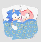 :> anthro bed bedding blanket blue_body blue_fur blush clothing duo eyes_closed female fur furniture gloves grey_background handwear male on_bed one_eye_closed pillow pink_body pink_fur simple_background under_covers smallpanda sega sonic_the_hedgehog_(series) amy_rose sonic_the_hedgehog eulipotyphlan hedgehog mammal 2020