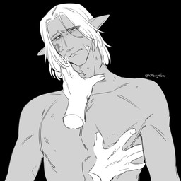 blush duo fondling front_view humanoid_pointy_ears looking_at_viewer male male_humanoid narrowed_eyes nipples not_furry nude pec_grab pecs pointy_ears simple_background solo_focus text cobu final_fantasy final_fantasy_xiv final_fantasy_xiv_(legacy) square_enix urianger_augurelt elezen elf humanoid 1:1 artist_name hi_res monochrome