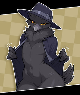 5_fingers anthro beak bedroom_eyes black_body black_feathers black_fingernails black_nails checkered checkered_background classy clothed clothing clothing_lift colored_nails crotch_tuft feathers featureless_chest featureless_crotch femboy fingernails fingers front_view hat headgear headwear looking_at_viewer male nails narrowed_eyes neck_tuft open_clothing open_topwear pattern_background seductive simple_background smile smiling_at_viewer solo tail tail_feathers topwear tuft wearing_hat wide_hips yellow_eyes yellow_sclera budoti avian bird corvid corvus_(genus) crow oscine passerine absurd_res hi_res