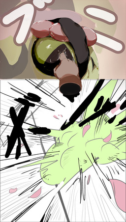 ambiguous_gender anthro breast_curtains disembodied_hand duo explosion fake_breasts flower_trick poking text yumenyao nintendo pokemon generation_9_pokemon human mammal meowscarada pokemon_(species) 2025 absurd_res comic hi_res japanese_text