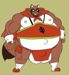 balls belly big_balls bulge cape clothed clothing genitals male moobs musclegut muscular navel nipples outie outie_navel partially_clothed smile solo reagan700 dai_(a-side) canid canine mammal raccoon_dog tanuki