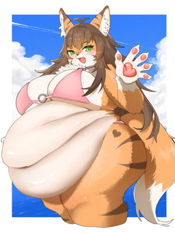 ahoge anthro beach belly belly_overhang belly_rolls big_belly big_breasts bikini blush blush_lines border breasts brown_hair brown_stripes claws cleavage clothed clothing cloud cute_fangs day fangs female fur gesture gloves_(marking) green_eyes hair happy heart_(marking) huge_thighs kemono long_hair looking_at_viewer markings navel o-ring o-ring_bikini obese obese_anthro obese_female open_mouth open_smile orange_body orange_fur outside overweight overweight_anthro overweight_female pawpads pink_bikini pink_clothing pink_pawpads pink_swimwear sea sky smile solo standing stripes swimwear teeth thick_thighs two-piece_swimsuit under_boob water waving waving_at_viewer weight_gain white_body white_border white_fur wide_hips havilaladlf catkey_(huhunya) felid mammal pantherine tiger 2025 3:4 digital_media_(artwork) hi_res portrait three-quarter_portrait