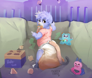 anthro baby_mobile clothed clothing crib diaper feces looking_at_viewer male object_in_mouth pacifier pacifier_in_mouth soiled soiled_diaper soiling solo stink_fumes stink_lines toddler toy unclean_diaper used_diaper wearing_diaper young charlycorgiboy mammal murid murine rat rodent hi_res