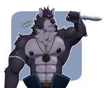 2024 abs absurd_res anthro areola armband armpit_tuft biped black_body black_fur black_nipples border canid canine canis chest_tuft clothed clothing eyebrows far_beyond_the_world_(series) frown fur grey_body grey_fur hi_res holding_knife holding_object jewelry knife letsudraw looking_at_viewer male mammal mouth_closed multicolored_body muscular muscular_anthro muscular_male necklace nipples partially_clothed raised_arm red_eyes scar solo teeth tuft two_tone_body vulgor_(far_beyond_the_world) white_border wolf