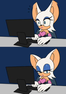anthro armwear bare_shoulders breasts clothing computer elbow_gloves electronics eyeshadow female fingers fur gloves handwear lipstick makeup narrowed_eyes solo tan_body tan_skin white_body white_fur pchaos720 sega sonic_the_hedgehog_(series) rouge_the_bat bat mammal alpha_channel hi_res reaction_image