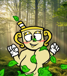 big_breasts breasts covered_nipples female forest_background leaf smile anonymous_artist cuphead_(game) studio_mdhr ms._chalice humanoid