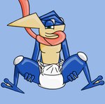 anthro blue_body clean_diaper clothed clothing diaper erection erection_in_diaper male presenting simple_background solo tongue wearing_diaper cometmystic21 nintendo pokemon comet_the_greninja amphibian frog generation_6_pokemon greninja pokemon_(species) digital_media_(artwork) hi_res