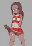 anthro blush bottomwear breasts brown_hair cheerleader clothed clothing clothing_lift disembodied_hand duo female genitals hair long_hair navel no_underwear purple_eyes pussy shy skirt skirt_lift small_breasts solo_focus standing young unconventionalrender tamara_(scootshako) amphibian frog 2018 hi_res