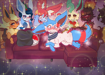 big_ears blush bodily_fluids bow_ribbon breath butt butt_grab fangs female female/female feral fluffy furniture gesture glistening glistening_body grope group hand_on_butt humor inner_ear_fluff joke licking licking_lips male male/female male/male musk panting pillow pokeball quadruped ribbons scarf silly sofa suggestive suggestive_gesture sweat sweatdrop teeth tongue tongue_out tuft twitching justiceposting nintendo pokemon eeveelution flareon generation_1_pokemon generation_2_pokemon generation_4_pokemon generation_6_pokemon glaceon hybrid leafeon pokemon_(species) sylveon umbreon weavile hi_res meme