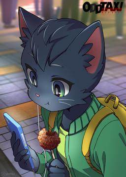 anthro backpack black_body black_fur black_hair cellphone chicken_meat city clothed clothing eating electronics female food fried_chicken fur glowing green_eyes hair high-angle_view jacket kemono light logo looking_at_object looking_at_phone meat night outside phone shirt solo toothpick topwear whiskers yamai odd_taxi sakura_wadagaki_(odd_taxi) domestic_cat felid feline felis mammal