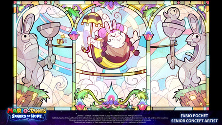 antennae_(anatomy) anthro black_hair black_stripes blue_sky braided_pigtails cliff cloud copyright_symbol eyelashes eyes_closed female female_anthro flying freckled_face freckles fur grass hair holding_object holding_umbrella insect_wings long_ears mitten_hands multicolored_body multicolored_fur multicolored_hair noseless odango outside peaceful pink_inner_ear pink_tongue planet planet_ring plant right-handed rope sculpture sky solo stained_glass statue stinger striped_body striped_fur stripes symbol text tightrope title tongue two_tone_hair umbrella white_body white_fur white_hair_tie white_wings wings yellow_body yellow_fur yellow_hair_tie fabio_pochet mario_bros mario_plus_rabbids_sparks_of_hope nintendo raving_rabbids rayman_(series) ubisoft bea_(mario_plus_rabbids) arthropod bee hybrid hymenopteran insect lagomorph mammal rabbid 16:9 2022 4k absurd_res artist_name colored crossover digital_drawing_(artwork) digital_media_(artwork) english_description english_text hi_res multiple_scenes official_art widescreen