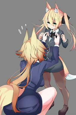 blonde_hair blush bow_(feature) bow_tie breasts butt clothed clothing duo female fluffy fluffy_tail footwear fur grey_background hair inner_ear_fluff long_hair pigtails school_uniform simple_background small_breasts suit tail teal_eyes tuft uniform white_body white_fur yellow_body yellow_fur yukusasu animal_humanoid canid canid_humanoid canine canine_humanoid fox_humanoid humanoid mammal mammal_humanoid 2015 hi_res