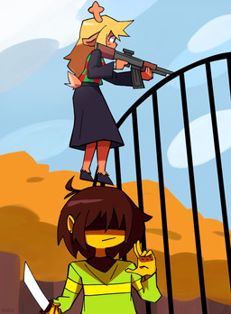 ak_platform ambiguous_gender ambiguous_human anthro clothed clothed_anthro clothed_human clothing duo female female_anthro knife outside oakblu counter-strike deltarune undertale_(series) kris_dreemurr noelle_holiday deer human mammal 2025 digital_media_(artwork) hi_res