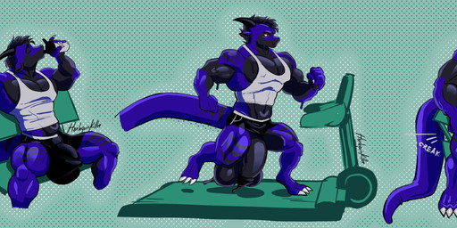 anthro athletic_wear balls beverage big_balls big_muscles big_pecs big_penis black_body black_penis blue_body bodily_fluids clothing cum cum_drip dripping dumbbell ejaculation exercise flying_sweatdrops genital_fluids genitals growth growth_sequence huge_balls huge_muscles huge_pecs huge_penis humanoid_genitalia humanoid_penis hyper hyper_balls hyper_genitalia hyper_muscles hyper_pecs hyper_penis male markings multicolored_body muscle_growth muscular pecs penis raised_arm solo striped_markings striped_tail stripes sweat sweatdrop sweaty_body tail tail_markings torn_clothing treadmill weightlifting weights workout harlequinkiller mythology drister_(dergdrister) dragon humanoid mythological_creature mythological_scalie scalie absurd_res hi_res