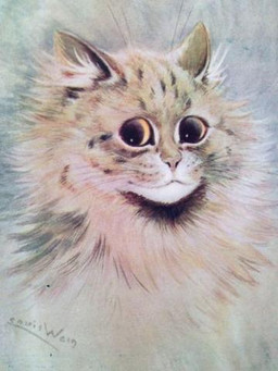 ambiguous_gender big_pupils dilated_pupils feral fur inner_ear_fluff pupils solo tan_body tan_fur tuft whiskers yellow_sclera louis_wain domestic_cat felid feline felis mammal tabby_cat 3:4 ancient_art low_res painting_(artwork) signature traditional_media_(artwork) traditional_painting_(artwork)