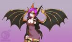 5_fingers anthro black_nose breasts cleavage clothed clothing ear_piercing eyebrows eyelashes eyewear female fingers glasses hair hand_on_leg hand_on_thigh membrane_(anatomy) membranous_wings orange_eyes piercing purple_hair simple_background solo wings charmrage ember_(deathhydra) bat mammal hi_res