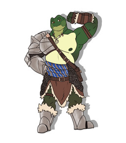 armor bottomwear clothed clothing fingerless_gloves gloves handwear kilt male musclegut muscular muscular_male overweight partially_clothed rammygoldfinch tristan_richards american_bullfrog amphibian frog absurd_res hi_res