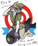 anthro clothing female fur gesture military_uniform multicolored_body multicolored_fur nuke orange_eyes orange_sclera pose pupils salute slit_pupils text uniform warhead naysayingmongrel kinktober the_nature_of_predators lana_(naysayingmongrel) venlil_(the_nature_of_predators) 5:6 english_text hi_res