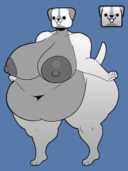anthro belly big_belly big_breasts breasts female morbidly_obese nipples obese overweight simple_background solo tail thick_thighs white_body wide_hips mechaclank geometry_dash canid canine cube_(geometry_dash) mammal hi_res