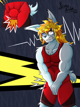 anthro ballbusting blonde_hair bodily_fluids clenched_teeth cock_and_ball_torture covering covering_crotch drooling eyewear fur genital_torture glasses hair male muscular muscular_anthro muscular_male one_eye_closed pain pince-nez red_eyes red_singlet saliva solo sweat tail teeth white_body white_fur white_tail some_shiba eins_(yeenybeanyrumi) lagomorph leporid mammal rabbit 3:4 hi_res