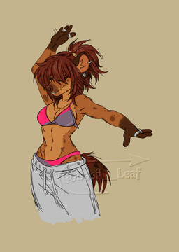 anthro bottomwear bra breasts brown_body brown_fur brown_hair clothed clothed_anthro clothed_female clothing dancing ear_piercing ear_ring eyes_closed female fingers front_view fur grey_bottomwear grey_clothing grey_pants hair humanoid_hands logo long_hair markings medium_breasts navel panties pants piercing pose ring_piercing sagging_pants sharp_teeth simple_background smile solo spots spotted_markings tail tan_background teeth text underwear basil_leaf hyena mammal absurd_res artist_logo artist_name colored hi_res portrait shaded three-quarter_portrait watermark