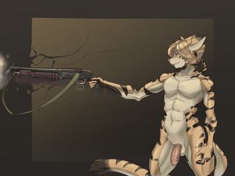 abs anthro balls biped black_stripes blush braided_hair braided_ponytail casual_nudity cat_tail clenched_teeth ears_back firing_weapon flaccid front_view fur genitals green_eyes gun hair holding_gun holding_object holding_ranged_weapon holding_weapon humanoid_genitalia humanoid_penis leg_markings looking_away male male_anthro markings muscular muscular_anthro muscular_male nude nude_anthro nude_male penis pink_penis pivoted_ears ponytail ranged_weapon short_hair simple_background solo standing striped_body striped_markings striped_tail stripes tail tail_markings tan_body tan_fur teeth thigh_markings weapon white_body thekeepofcat mauser_(thekeepofcat) black-footed_cat felid feline felis mammal 4:3 absurd_res english_description hi_res portrait three-quarter_portrait