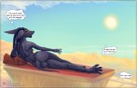 4_toes 5_fingers anthro areola black_hair breasts day detailed_background feet female fingers hair nipples nude outside sky text toes viwrastupr carbene_(viwrastupr) canid canine canis jackal mammal 2022 absurd_res digital_media_(artwork) english_text hi_res