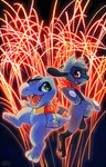 biped blue_body blue_skin duo feral fireworks male haychel nintendo pokemon fan_character leon_(haychel) vagus_(haychel) canid canine crocodilian generation_2_pokemon generation_4_pokemon mammal pokemon_(species) reptile riolu scalie totodile 2014 digital_media_(artwork) hi_res