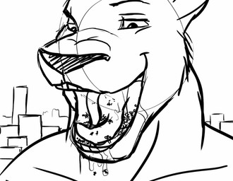 anthro bodily_fluids drooling front_view group macro male male_anthro micro narrowed_eyes nude open_mouth open_smile oral_vore outside saliva smile solo_focus vore solaxe_(artist) solaxe kangaroo macropod mammal marsupial monochrome sketch