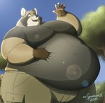 anthro belly big_belly bottomwear brown_body brown_fur chubby_cheeks clothing fur gesture male multicolored_body multicolored_fur obese obese_anthro obese_male open_mouth overweight overweight_anthro overweight_male pants plant short tree two_tone_body two_tone_fur waving waving_at_viewer whiskers xxsparcoxx mammal procyonid raccoon 2022 artist_name digital_media_(artwork) hi_res