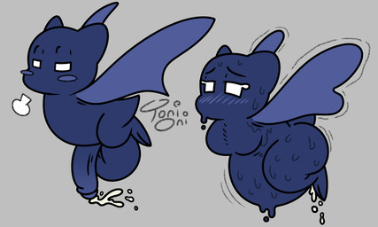 2_toes abdominal_bulge after_sex balls belly blue_body blush bodily_fluids breasts butt cum cum_drip cum_inflation cum_inside dripping duo eyelashes feet female flying genital_fluids genitals grey_background half-closed_eyes inflation male male/female narrowed_eyes penis satisfied simple_background small_but_hung spread_wings sweat tail tired toes vein veiny_penis white_eyes wings toni_oni cave_story bat bat_(cave_story) mammal 5:3 signature