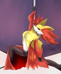 anthro black_body black_fur breasts clothing dancing female fur holding_object inner_ear_fluff looking_at_viewer medium_breasts pole red_body red_fur smile smiling_at_viewer solo stripper stripper_pole tuft underwear white_body white_fur yellow_body yellow_fur rusoide nintendo pokemon canid delphox generation_6_pokemon mammal pokemon_(species) absurd_res hi_res