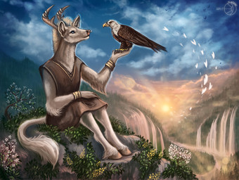 amber_eyes ambiguous_gender anthro beak black_claws black_lips blue_eyes bracelet brown_body brown_feathers claws clothed clothing cloud day detailed_background detailed_fur duo_focus eye_contact facial_piercing feathers feral flower flying forest fur grass grey_body grey_fur group hooves horn inner_ear_fluff jewelry lens_flare light lips long_mouth looking_at_another no_sclera nose_piercing outside piercing pink_nose plant ring river shadow sitting size_difference sky smile snout standing sun sunlight tree tuft water waterfall white_body white_feathers white_fur wind yellow_beak flashw accipitrid accipitriform avian bird deer eagle equid equine horse hybrid mammal 2017 detailed digital_media_(artwork) digital_painting_(artwork) painting_(artwork)