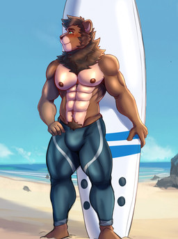 abs anthro areola barazoku beach biped blue_eyes blush bottomwear brown_body brown_fur brown_hair bulge clothing cloud day detailed_background fingers front_view fur grey_bottomwear grey_clothing grey_pants hair hand_on_hip head_turned humanoid_hands looking_aside male mane muscular muscular_anthro muscular_arms muscular_legs muscular_male navel nipples outside pants pecs plantigrade pose pubes sand sea short_hair sky smile solo standing surfboard tan_body tan_fur water darolion felid lion mammal pantherine 2025 full-length_portrait hi_res portrait