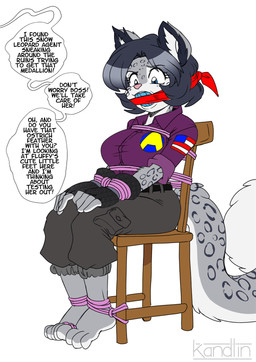 anthro arms_tied barefoot bdsm big_breasts black_clothing black_gloves black_hair black_handwear blue_eyes bondage bound breasts captured cloth_gag clothed clothed_anthro clothed_female clothing dialogue feet female fingerless_gloves fluffy fluffy_tail fur gag gagged gloves grey_body grey_fur hair handwear legs_tied markings restraints rope rope_bondage solo speech_bubble spots spotted_body spotted_fur tail text tied_to_chair white_body white_fur kandlin odessa_weird felid mammal pantherine snow_leopard 2019 english_text hi_res