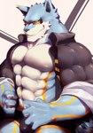 abs anthro biceps big_muscles biped blue_body blue_eyes blue_fur boxer_briefs bulge clothed clothing eyewear fur glasses looking_at_viewer male male_anthro muscular muscular_anthro muscular_male pecs simple_background smile solo teeth topwear underwear white_body white_fur yanoap randolph_(xuan_sirius) canid canine canis mammal wolf digital_media_(artwork) hi_res